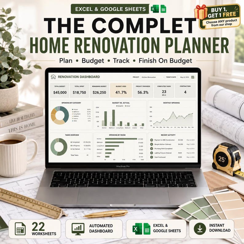 Home Renovation Planner | Renovation Budget Tracker | Google Sheets Template | Home Remodel Project Organizer | Renovation Checklist image 1