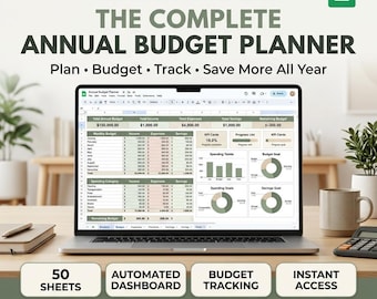 May include: A laptop displaying a Google Sheets annual budget planner with charts, tables, and financial data. Text includes: GOOGLE SHEETS, THE COMPLETE ANNUAL BUDGET PLANNER, Plan, Budget, Track, Save More All Year, 50 SHEETS, AUTOMATED DASHBOARD, BUDGET TRACKING, INSTANT ACCESS.