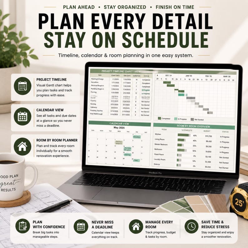 May include: A laptop screen displaying a project management dashboard with a Gantt chart, calendar view, and room-by-room budget tracker. The text reads PLAN EVERY DETAIL STAY ON SCHEDULE, along with project timeline, calendar, and room planner labels.