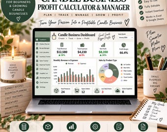 May include: A digital candle business profit calculator and manager spreadsheet displayed on a laptop screen. The dashboard shows revenue, expenses, net profit, and sales charts. Surrounding items include a lit candle, a notepad, and pens.