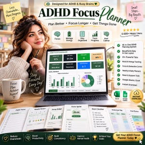 May include: An ADHD Focus Planner digital system displayed on a laptop screen and printed pages. The dashboard shows energy, time, and task metrics. Features include a focus sprint timer, reset checklist, and zone planner for productivity management.
