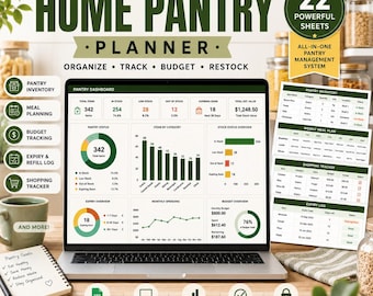 May include: A digital Ultimate Home Pantry Planner displayed on a laptop screen, featuring a dashboard with charts, inventory, meal planning, budget tracking, and expiry logs. Includes 22 sheets for pantry management, organized with green text and icons.