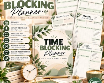 May include: A Time Blocking Planner with a botanical leaf design, featuring a cover and multiple interior pages for yearly, monthly, weekly, and daily scheduling. The set includes a gold analog clock, a gold pen, and text detailing 30 pages.