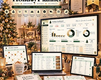 May include: A digital holiday planner set featuring a large monitor displaying a dashboard, a laptop showing a meal planner, a tablet with a gift tracker, and a physical spiral-bound notebook. The screens show charts, lists, and text including The Ultimate Holiday Planner.