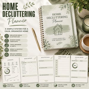 May include: A spiral-bound Home Decluttering Planner with a sage green watercolour leaf design and a house icon. The cover text reads Home Decluttering Planner A Simple System for a Calm, Organized Home. Includes a gold pen and five interior page layouts.