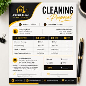 May include: A white cleaning proposal document with black and yellow accents. The header features the Sparkle Clean Services logo and text. It includes a table listing services like standard and deep cleaning with dollar amounts and a payment section.