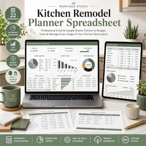 Küchenrenovierungsplaner (Tabellenkalkulation) | Google Sheets & Excel-Vorlage | Budget-Tracker für Küchenrenovierungen | Projekt-Tracker | Kostenrechner