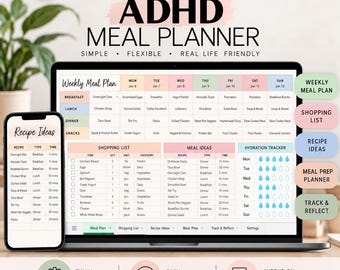 May include: A digital ADHD meal planner displayed on a laptop and smartphone screen. The interface features a weekly meal plan, shopping list, meal ideas, and a hydration tracker with blue water drop icons. Text includes ADHD MEAL PLANNER, INSTANT DOWNLOAD, and various food items.