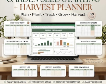 May include: A digital garden seed starting and harvest planner displayed on a laptop screen, featuring a garden dashboard with charts and tables for seed inventory, germination tests, planting calendars, harvest logs, and garden bed maps.