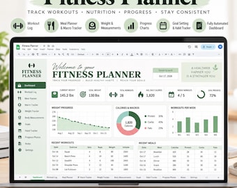 May include: A digital fitness planner displayed on a laptop screen, featuring a dashboard with weight progress, calorie and macro charts, workout logs, and meal tracking. The interface includes text labels like Fitness Planner, Track Workouts, Nutrition, Progress, and Stay Consistent, with data points such as 145.2 lbs current weight and 130 lbs goal weight.