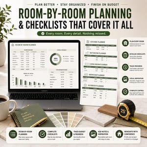 May include: A room-by-room home renovation planner displayed on a laptop screen, accompanied by printed checklists for kitchen, bathroom, living room, bedroom, and exterior spaces. Includes a 25-foot measuring tape, a notebook, and color swatches.