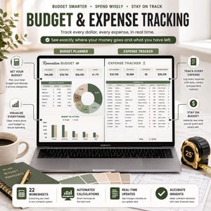 May include: A laptop screen displaying a budget and expense tracking spreadsheet with charts, tables, and text including Budget Smarter, Spend Wisely, Stay on Track, Budget & Expense Tracking, Budget Planner, Expense Tracker, and 22 Worksheets.