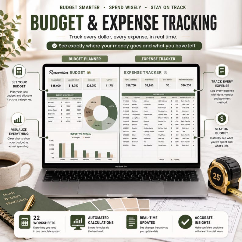May include: A laptop screen displaying a budget and expense tracking spreadsheet with charts, tables, and text including Budget Smarter, Spend Wisely, Stay on Track, Budget & Expense Tracking, Budget Planner, Expense Tracker, and 22 Worksheets.