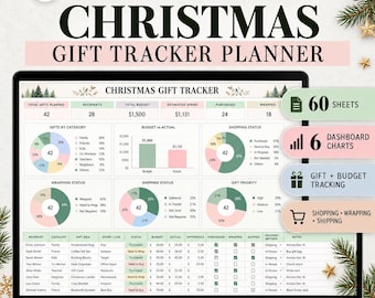 May include: A digital Christmas gift tracker planner displayed on a laptop screen, featuring Google Sheets integration, budget planning, and gift tracking. The dashboard includes charts for shopping status, budget vs actual, and recipient categories.