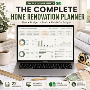 以下が含まれることがあります： ExcelおよびGoogleスプレッドシート用のデジタル住宅リノベーションプランナー。ノートパソコンの画面に予算、支出、プロジェクトの進捗状況を示すダッシュボードが表示されています。22枚のワークシート、自動化されたダッシュボード、即時ダウンロード機能が含まれています。