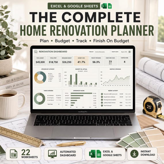Home Renovation Planner | Renovation Budget Tracker | Google Sheets Template | Home Remodel Project Organizer | Renovation Checklist