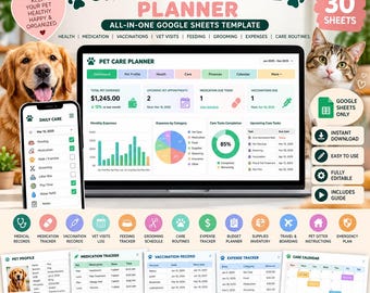 May include: A digital pet care planner Google Sheets template featuring a dashboard with expense charts, care task lists, and calendar views. The interface includes sections for health, medication, vaccinations, vet visits, and grooming.