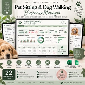 Könnte beinhalten: Eine digitale Tabellenkalkulation zur Verwaltung von Tiersitting- und Hundegeschäften auf einem Laptop-Bildschirm, mit Dashboards für Einnahmen, Ausgaben und Kundenverfolgung sowie Symbolen für Planung, Protokolle und Berichte.