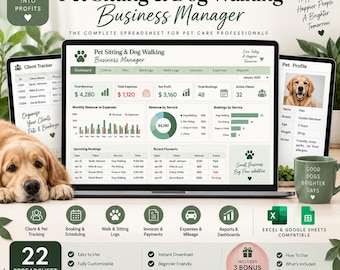 May include: A digital Pet Sitting & Dog Walking Business Manager spreadsheet displayed on a laptop screen, featuring dashboards for revenue, expenses, and client tracking. Includes icons for tracking, scheduling, logs, invoices, and reports.