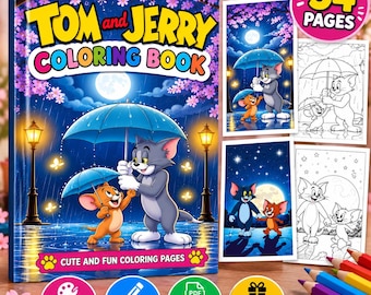 May include: A Tom and Jerry coloring book featuring a cover illustration of the characters under blue umbrellas at night. The book includes 54 pages, 27 color pages, and 27 coloring pages in PDF format, with sample images shown.