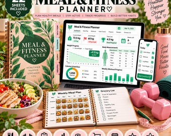May include: An all-in-one meal and fitness planner set featuring a spiral-bound book with a leaf-patterned cover, a laptop and smartphone displaying health tracking dashboards, a bowl of salad, pink dumbbells, and a water bottle.