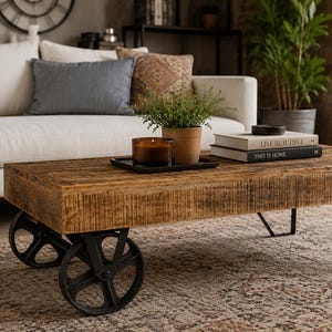 Solid Mango Wood Coffee Table with Iron Wheels | Industrial Cart Style | Handmade Furniture