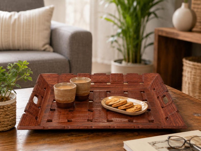 Pu&ograve; includere: Un vassoio da portata quadrato in legno marrone scuro con un motivo a intreccio e manici laterali integrati. Il vassoio contiene due tazze cilindriche in ceramica con una bevanda marrone chiaro e un piattino ovale con quattro biscotti.