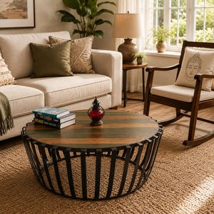 May include: A round coffee table featuring a circular wooden top with alternating dark and light brown planks, supported by a black metal cage-style base. The table holds a stack of three books and a small red glass lantern on its surface.
