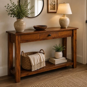 May include: A rectangular wooden console table with a warm brown finish, featuring a single central drawer with a small black knob. The table has a lower shelf holding a woven basket with a cream throw blanket and a small potted plant on books.