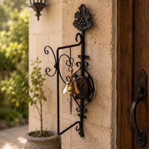 May include: A black wrought iron wall-mounted door bell featuring a polished brass bell suspended from a decorative scrollwork bracket. The bracket includes a leaf-shaped top finial and a central circular medallion with intricate metal detailing.