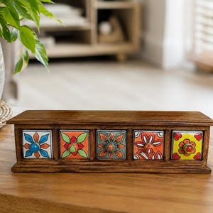 Sheesham Wood 5 Drawer Cabinet, Hand Painted Ceramic Knobs, Spice or Jewellery Chest