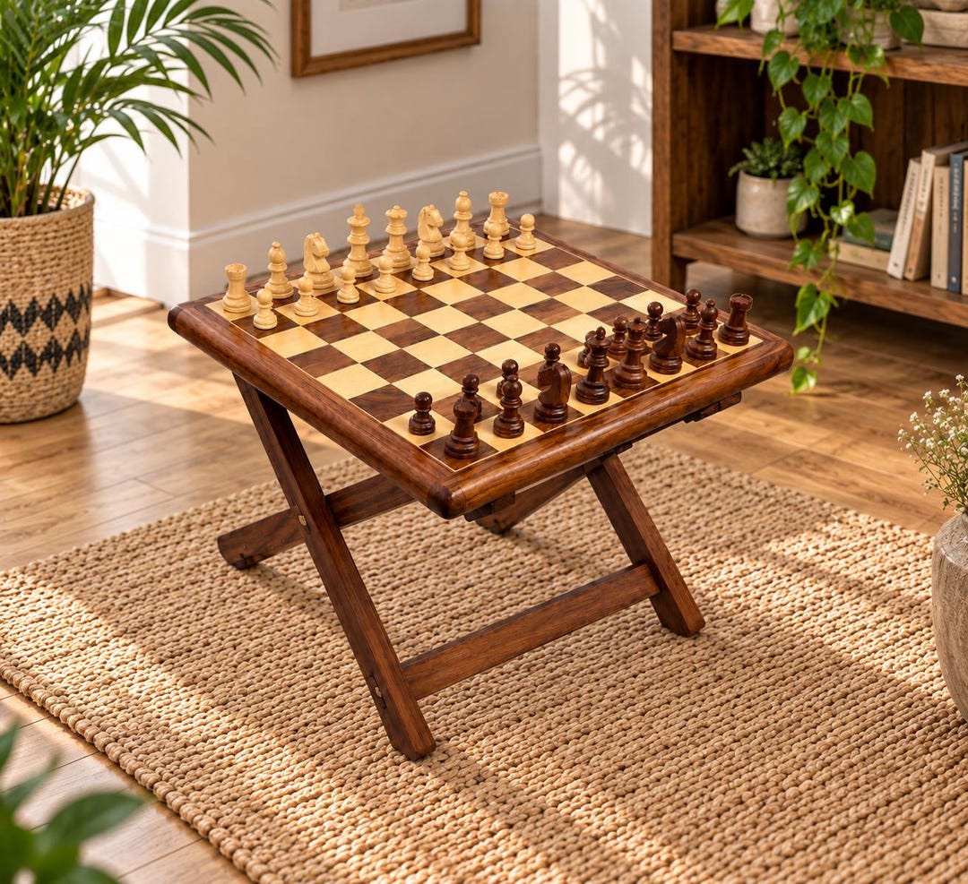 Solid Sheesham Chess Table | Folding Wooden Game Table With Storage ...
