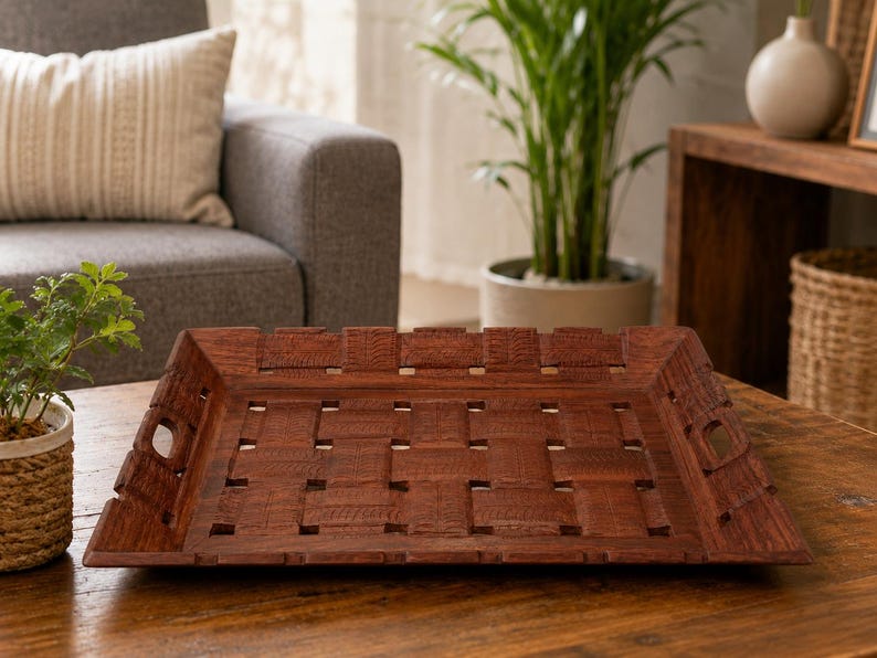 Pu&ograve; includere: Un vassoio rettangolare in legno con finitura marrone scuro e un design a intreccio. Il vassoio presenta una base piatta con spazi quadrati aperti tra le doghe intrecciate e manici ritagliati integrati su due lati opposti del bordo rialzato.