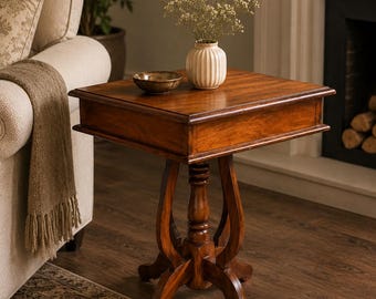Sheesham Pedestal Side Table Swept Legs | Walnut Brown Rosewood | 2 Sizes | Handmade