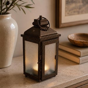 Peut inclure: Une lanterne rectangulaire dotée d'un cadre en métal texturé de couleur bronze foncé et de panneaux en verre strié transparent. La lanterne présente une porte à charnière avec un petit loquet, un sommet carré avec une poignée circulaire.
