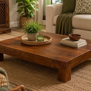 May include: A low, square coffee table crafted from dark brown wood with a smooth surface and thick, block-style legs. The table features a natural wood grain pattern and is positioned centrally in a room, providing a stable surface for decor.