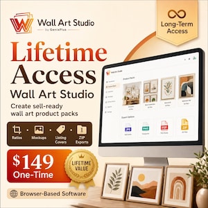 May include: A digital interface for Wall Art Studio by GenixPlus featuring lifetime access. The screen displays product packs, export options including JPG, PNG, PDF, and ZIP, and browser-based software tools. Three framed art prints sit below.