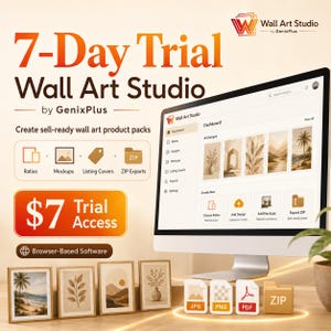 May include: A computer monitor displays the Wall Art Studio dashboard by GenixPlus, featuring a 7-Day Trial offer. The screen shows design tools, ratio options, and mockups. Four framed art prints sit below the monitor with JPG, PNG, PDF, and ZIP icons.
