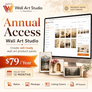 May include: A computer monitor displays the Wall Art Studio browser-based software interface with an art library of landscape and botanical images. Three framed prints sit in front of the screen, and text includes Annual Access, Wall Art Studio, and $79/Year.
