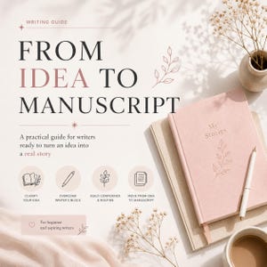 Puede incluir: Una guía de escritura titulada FROM IDEA TO MANUSCRIPT que incluye un cuaderno rosa con el texto My Stories, un bolígrafo blanco y flores secas. La guía contiene secciones para aclarar ideas y superar el bloqueo del escritor.