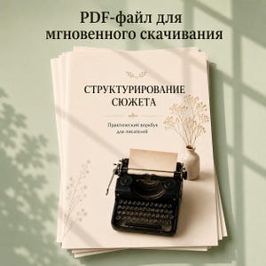 Może przedstawiać: Stos kremowych kartek z rosyjskim tekstem "PDF-файл для мгновенного скачивания", "СТРУКТУРИРОВАНИЕ СЮЖЕТА" oraz "Практический воркбук для писателей". Na wierzchu znajduje się mała czarna maszyna do pisania i wazon z suszonymi kwiatami.