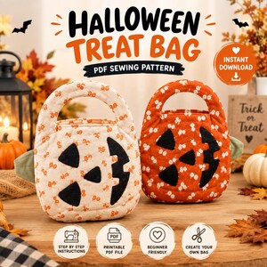 Puede incluir: Dos bolsas de dulces de Halloween acolchadas con asas integradas, una en crema y otra en naranja, ambas con caras de calabaza de tela negra. El texto dice HALLOWEEN TREAT BAG PDF SEWING PATTERN e INSTANT DOWNLOAD.