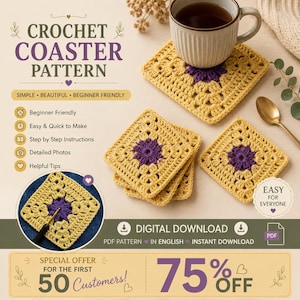 Könnte beinhalten: Eine digitale Häkelanleitung für Untersetzer mit quadratischen Untersetzern mit gelben Rändern und violetten Mitten. Das Bild zeigt Text, darunter CROCHET COASTER PATTERN, SIMPLE, BEAUTIFUL, BEGINNER FRIENDLY, EASY FOR EVERYONE und 75% OFF.