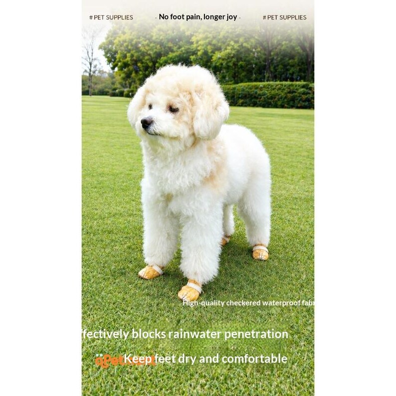 May include: A fluffy white dog with light tan patches standing on green grass, wearing small tan and white checkered waterproof boots on its four paws. The image includes text stating No foot pain, longer joy and High-quality checkered waterproof fabric.