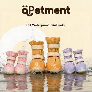 May include: Six waterproof pet rain boots in pink, orange, and light purple, each featuring two beige hook-and-loop straps and a small logo on the toe. The text "&auml;Petment" and "Pet Waterproof Rain Boots" appears above the boots in the image.