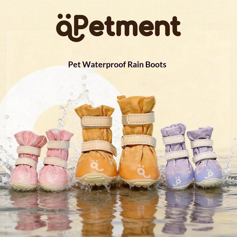 May include: Six waterproof pet rain boots in pink, orange, and light purple, each featuring two beige hook-and-loop straps and a small logo on the toe. The text "&auml;Petment" and "Pet Waterproof Rain Boots" appears above the boots in the image.