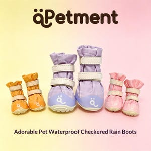 May include: Three pairs of pet rain boots in orange, lavender, and pink, each featuring a subtle checkered pattern, two white hook-and-loop straps, and a white logo on the toe. The text "&auml;Petment" and "Adorable Pet Waterproof Checkered Rain Boots" appear.