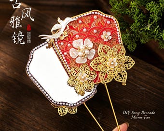 DIY Song Brocade Fan Kit with Acrylic Mirror, Pearl and Flower Silk Hand Fan, Asian Inspired Boho Bridal Prop, Vanity Decor Keepsake