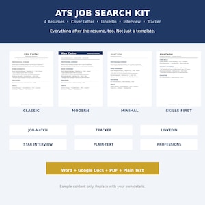 ATS Friendly Resume Template Kit, 4 Single Column CV Templates for Word and Google Docs, Cover Letter, Interview Prep, Job Tracker