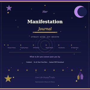 Op de afbeelding: Een donkerblauwe digitale manifestatie-journal cover met een paarse maansikkel, sterren en de tekst Her Manifestation Journal. Het bevat secties voor Clarity & Vision, Scripting Pages, 369 Method, Release Blocks, Visualisation en 21 Daily Pages.